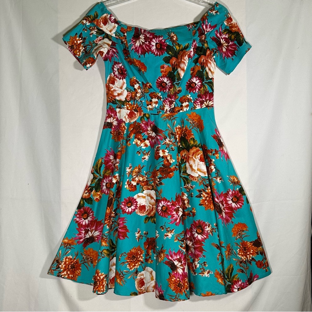 Belle Pogue 1950s Vintage Style Off the Shoulder Blue Floral A-line Dress Small